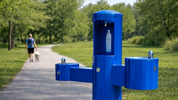 outdoor bottle filler and drinking fountain installed in park environment